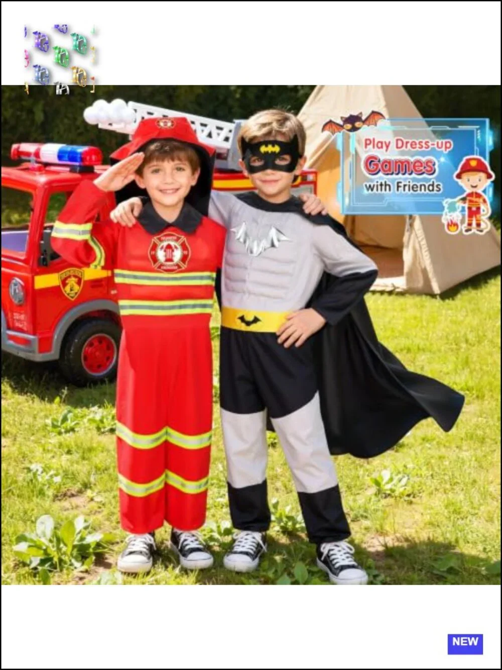 Kids Boys Muscle Chest Costume Set 4-in-1 Fireman Policeman Role Play Dress Up